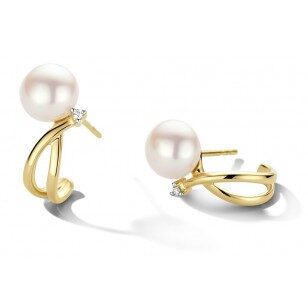 You and Me geelgouden oorringen  met parel en briljant