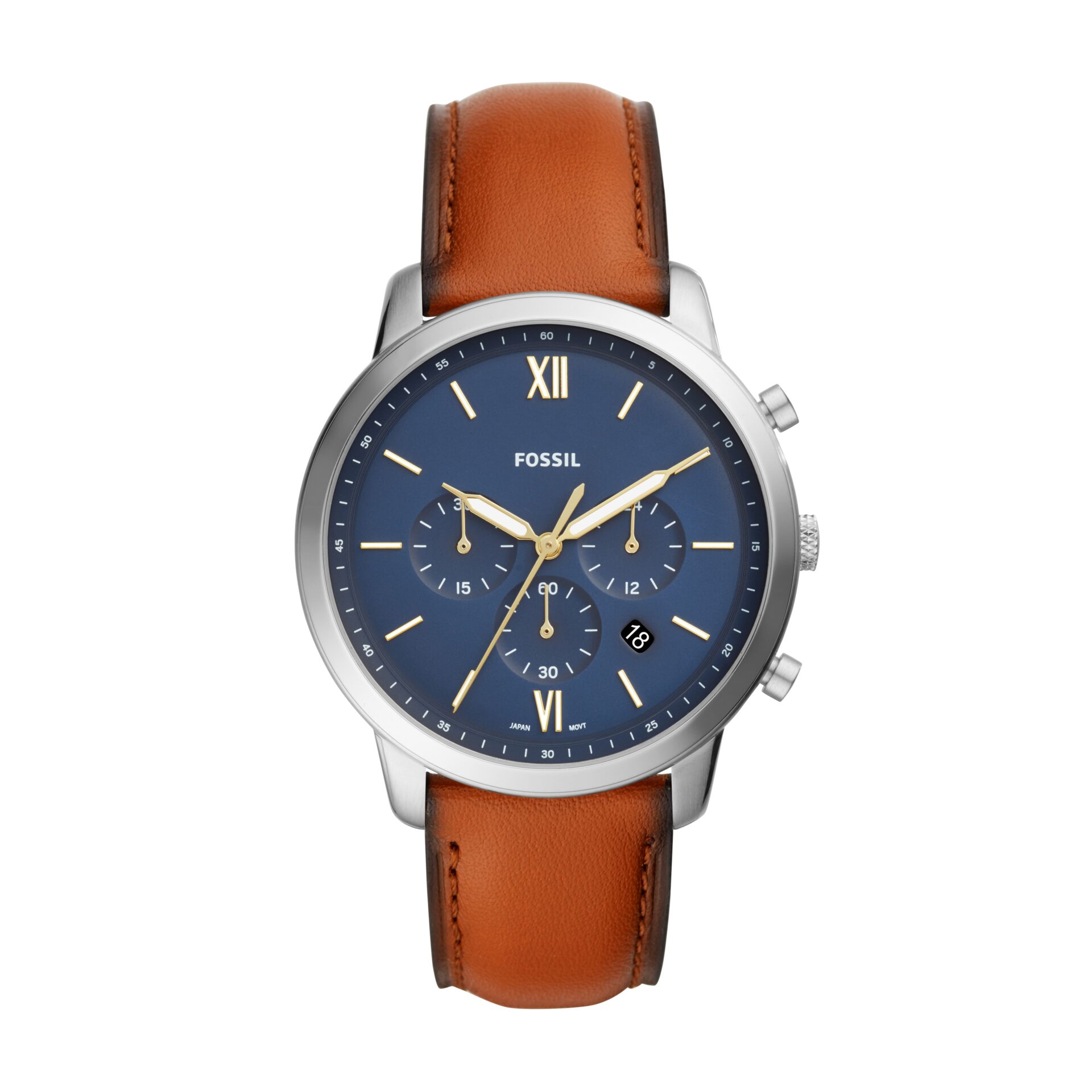 Fossil uurwerk met lederen band  blauw / bruin