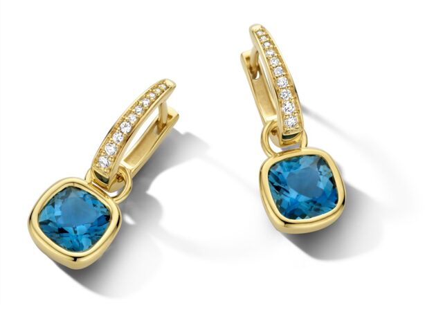 You and Me Geelgouden ooringen met Topaas london blue & briljanten 