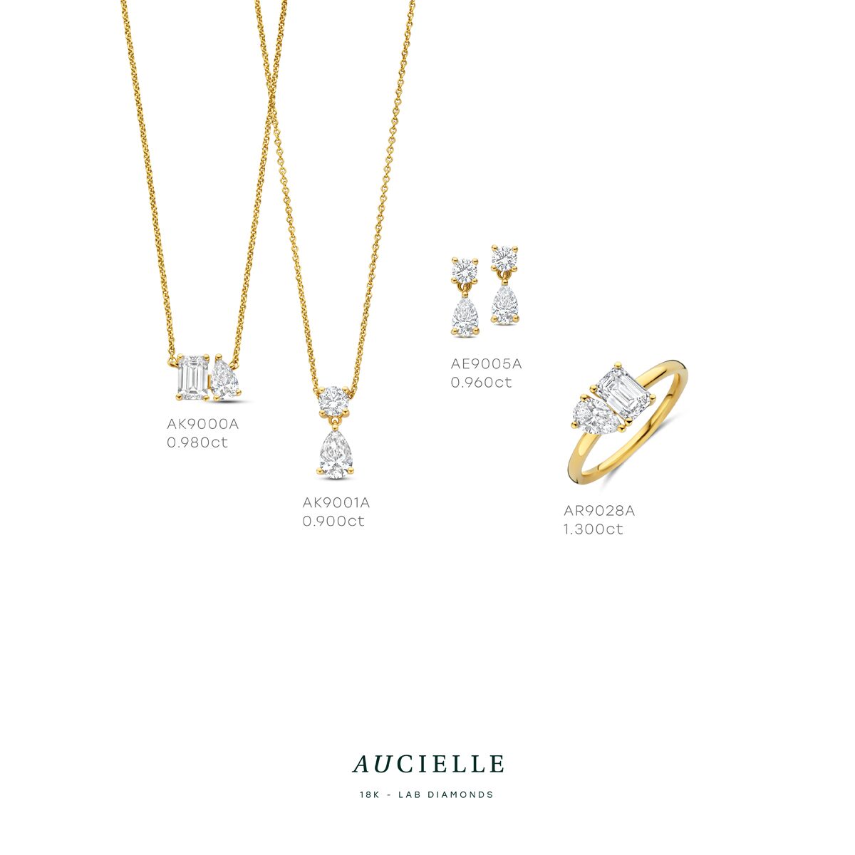 AK9001A/45
Ketting YG round and pear cut LGD 0.900ct 39+2+2+2cm
