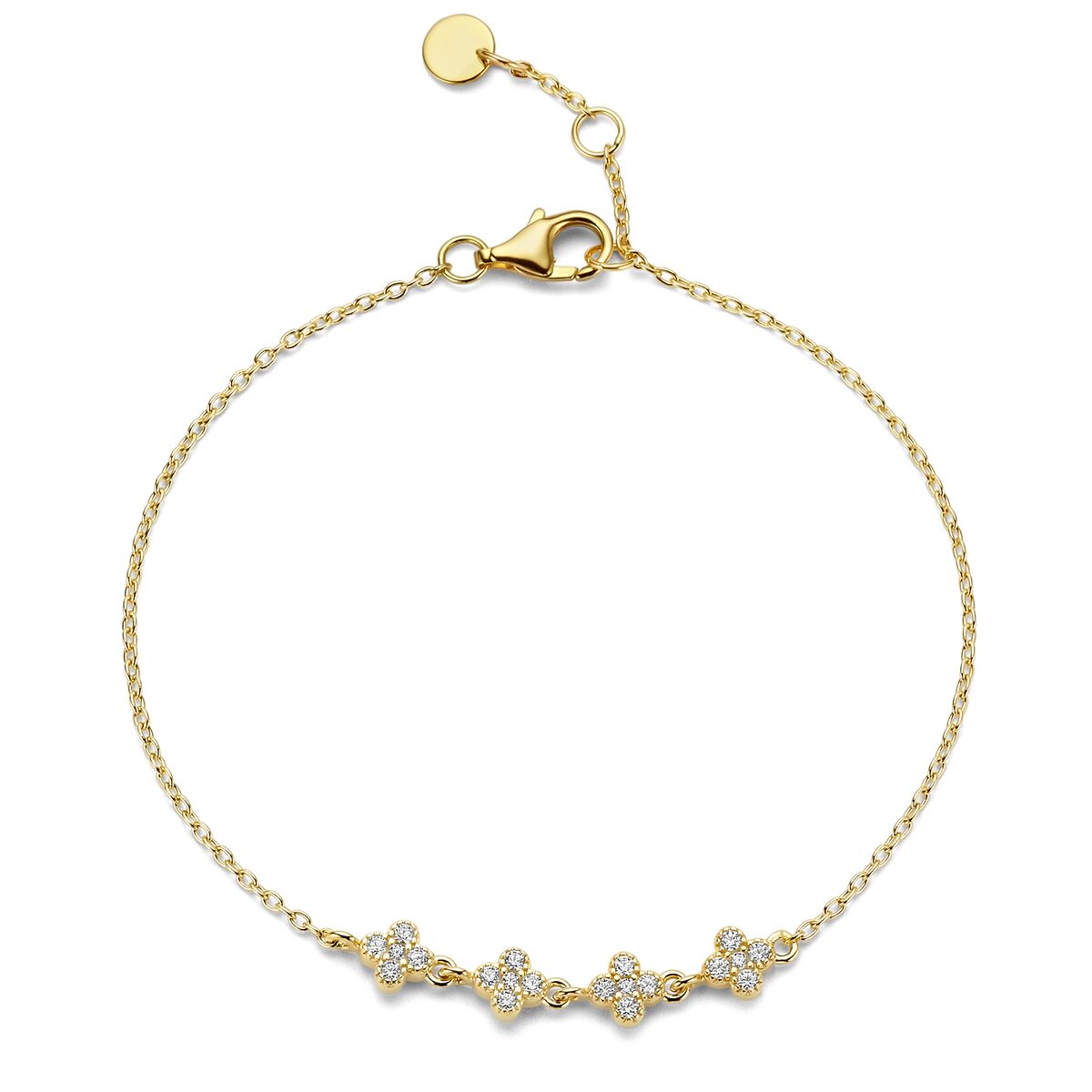 N4M64 Zilveren geel vergulde armband met 4 bloemmotieven + CZ 17+3cm Naiomy