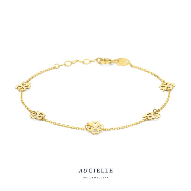AA0021B  armband klavertjes geelgoud 18ct 16+2cm