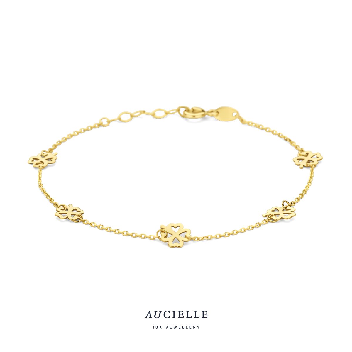 AA0021B  armband klavertjes geelgoud 18ct 16+2cm