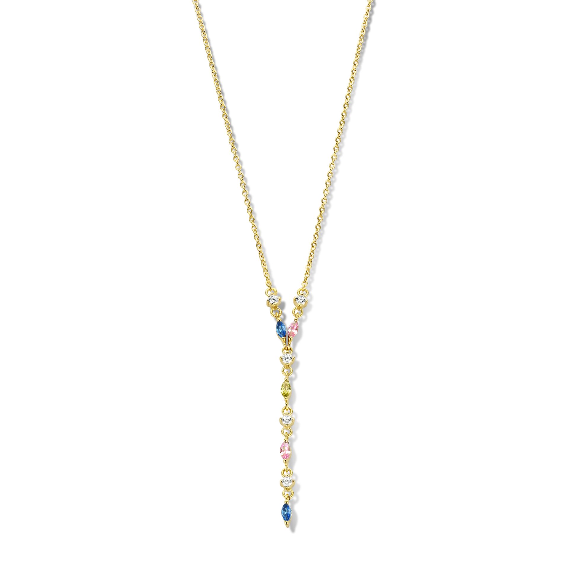 Zilveren  vergulde ketting+hanger gezet met zirconium pastel kleurig stenen  Naiomy