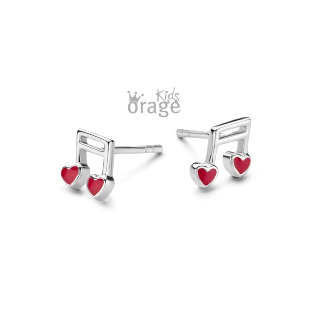 Orage Kids oorring muzieknoot rood zilver