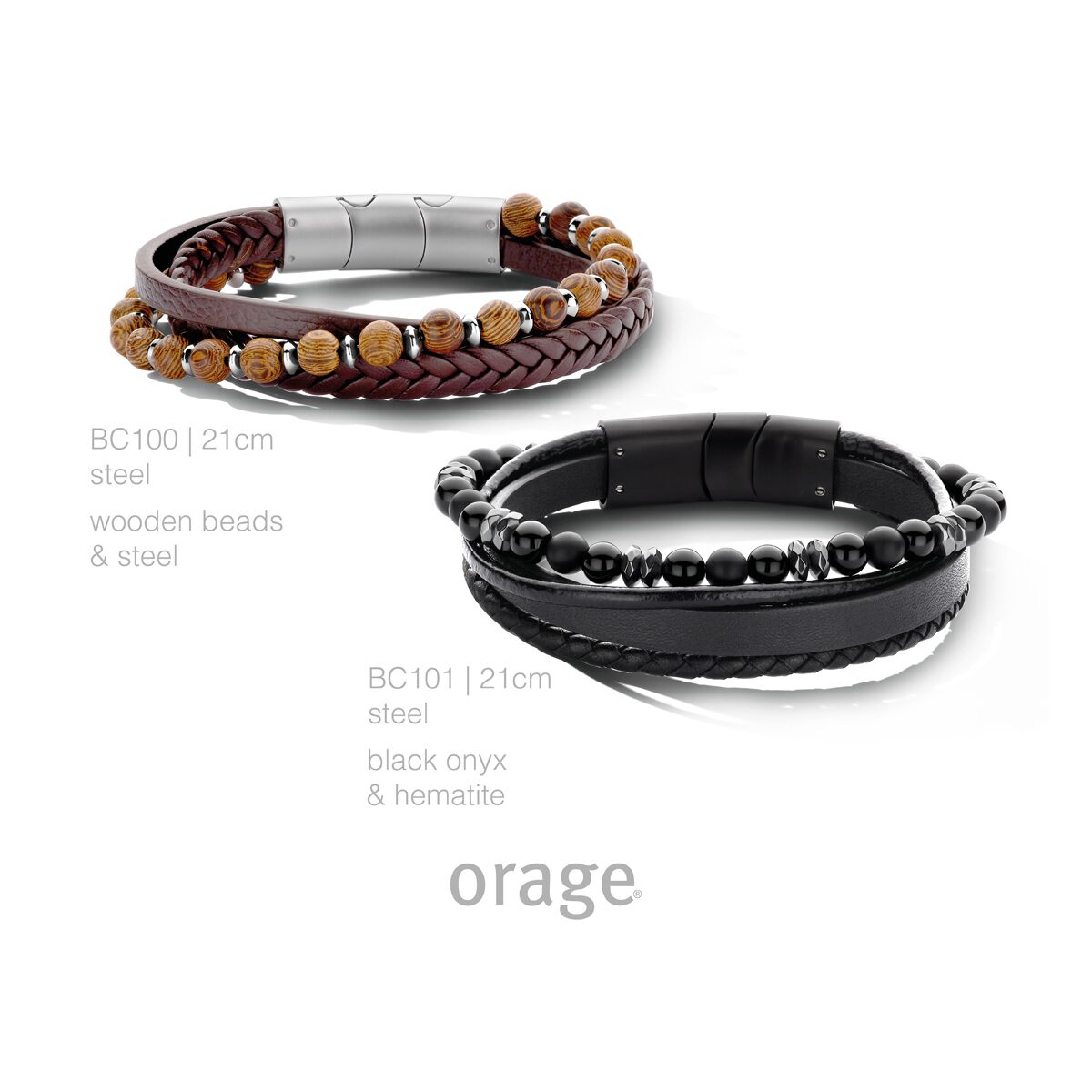BC100 Armband heren leder bruin staal
