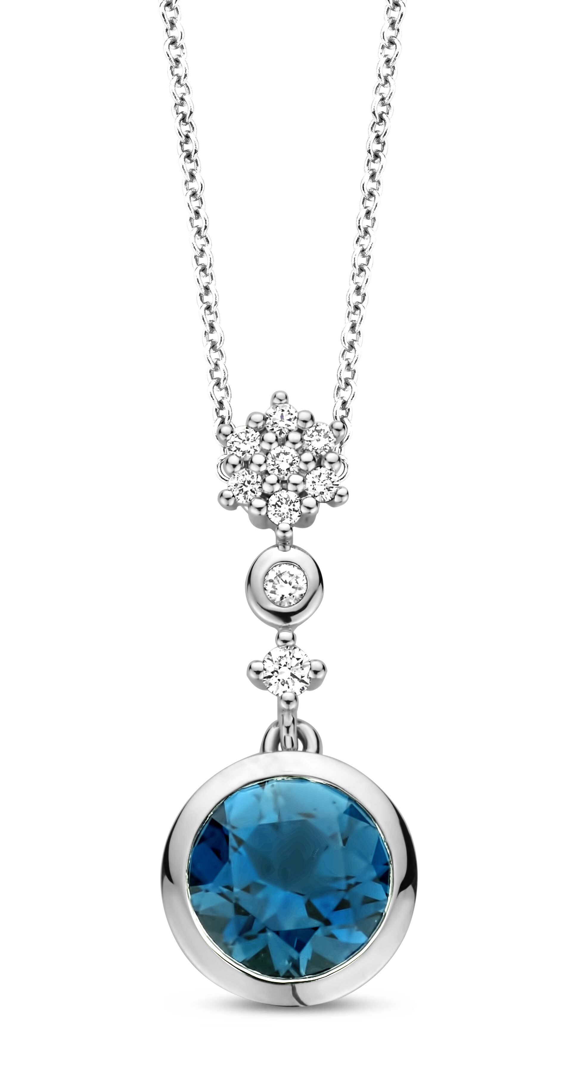 Y1878 You and Me hanger witgoud met briljanten en topaas london blue