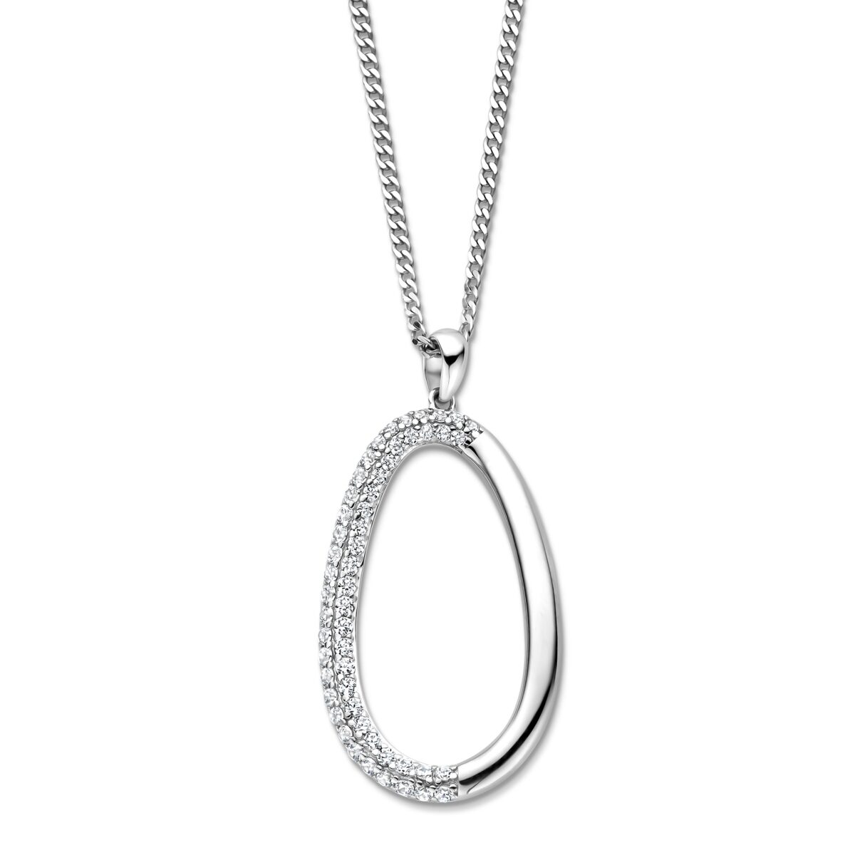 N5K62
Zilveren ketting + hanger open ovaal + CZ 42+45cm Naiomy