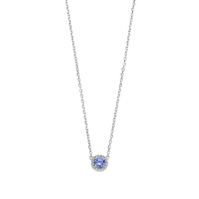 Zilveren ketting+hanger entourage lichtblauwe steen+zirconia 40+2cm Naiomy N3Y64