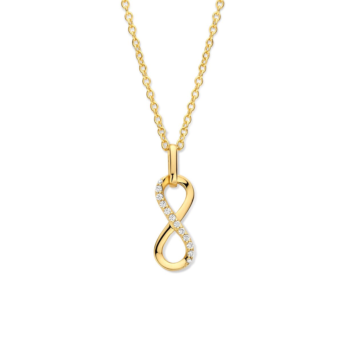 N5G58
Zilveren geel vergulde ketting + hanger infinity-teken + CZ 40+5cm Naiomy