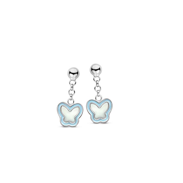 Naiomy princess oorringen zilver vlinder parelmoer blauw 