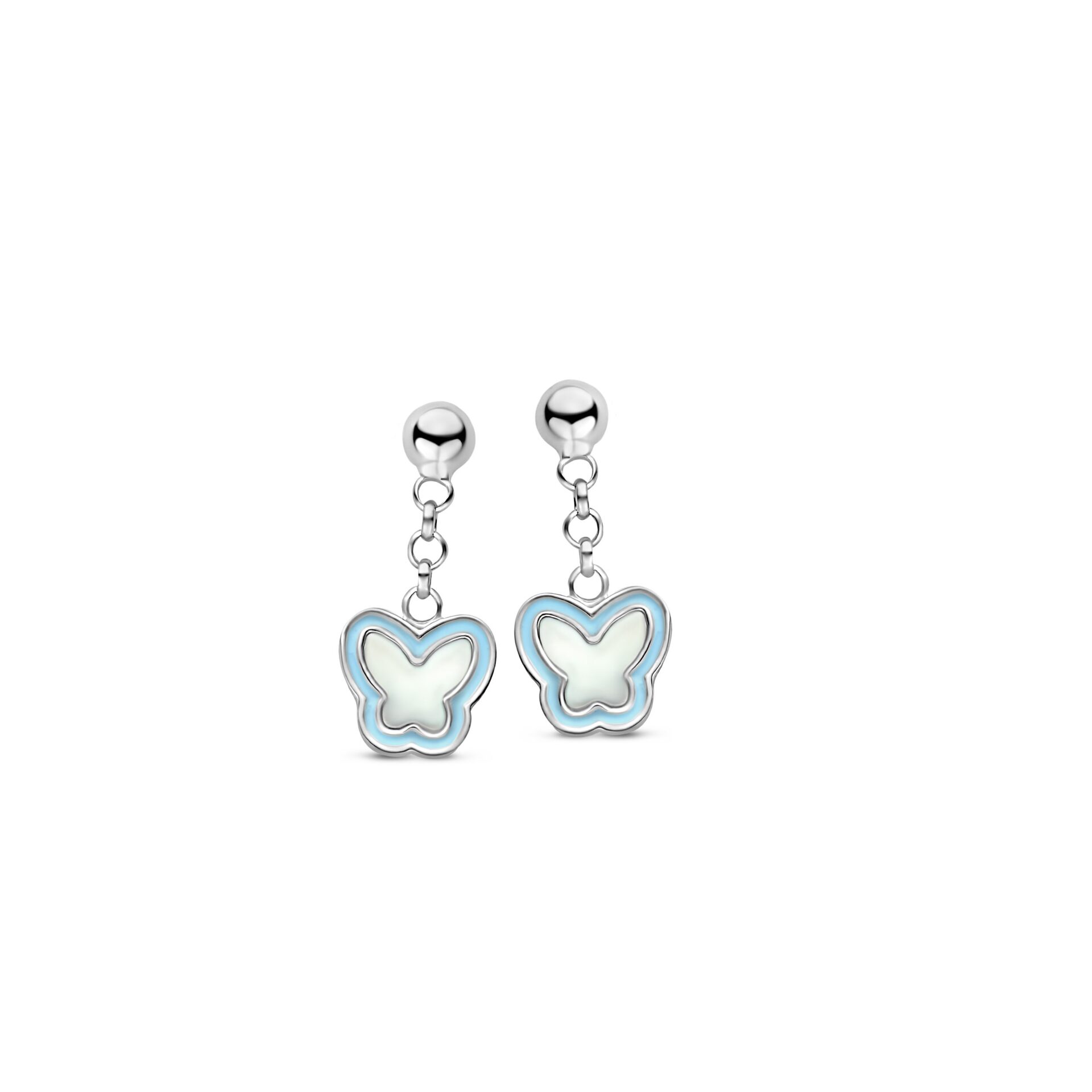 Naiomy princess oorringen zilver vlinder parelmoer blauw 