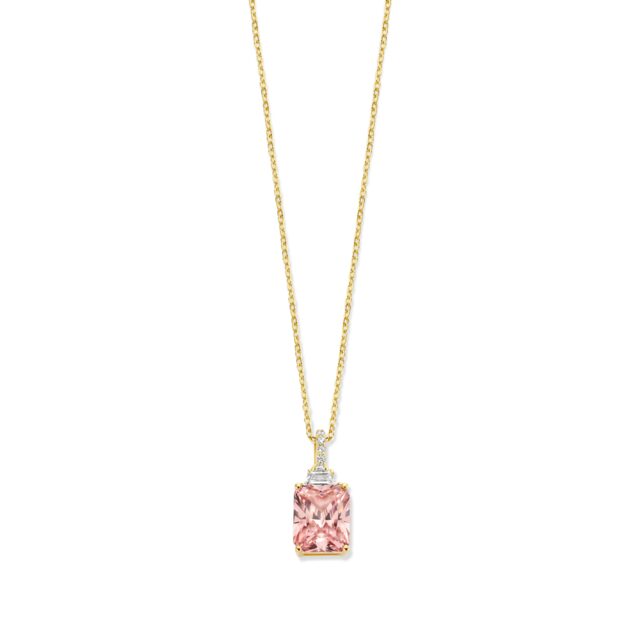 N6E61
Zilveren geel vergulde ketting + hanger roze steen + CZ 40-42-45cm Naiomy