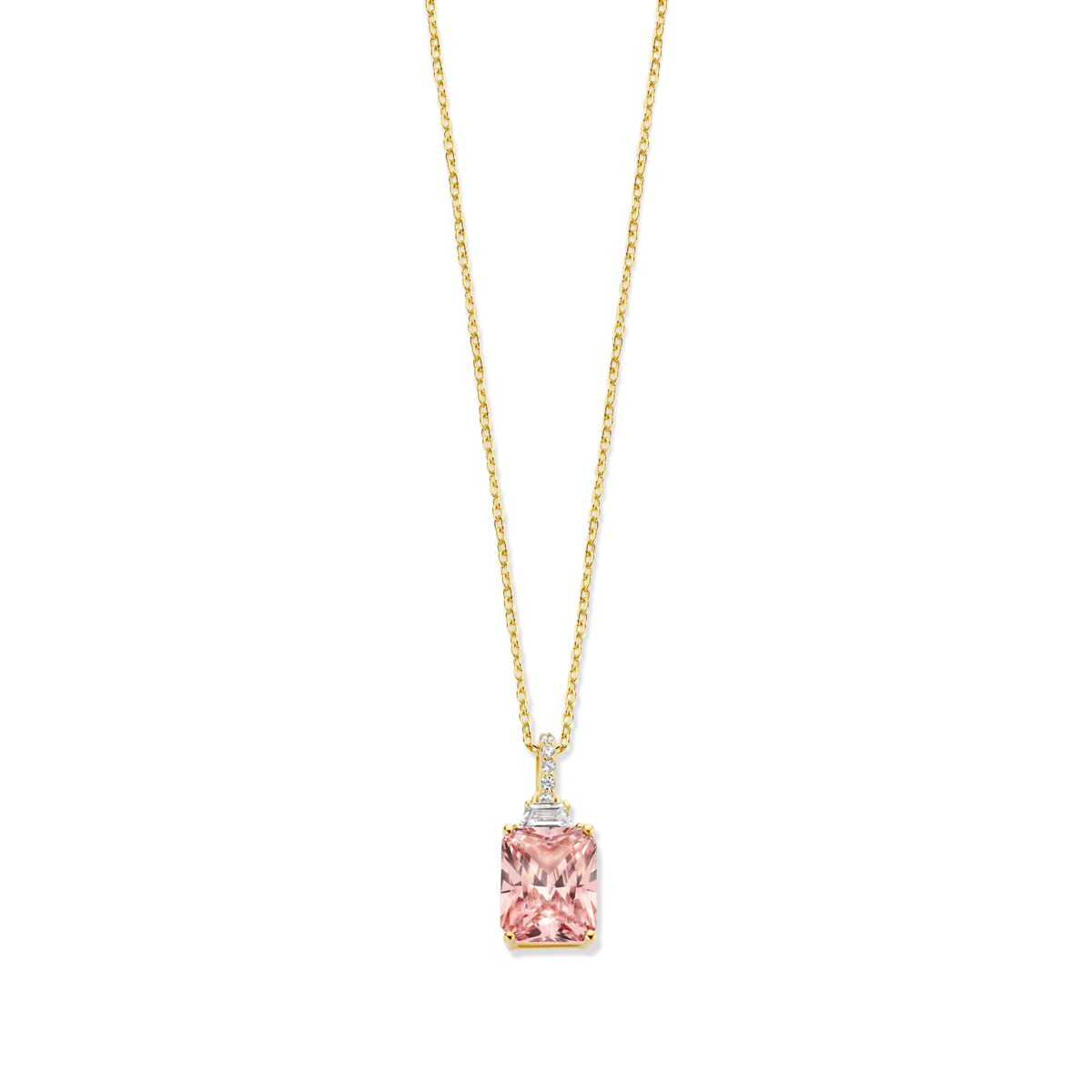 N6E61
Zilveren geel vergulde ketting + hanger roze steen + CZ 40-42-45cm Naiomy