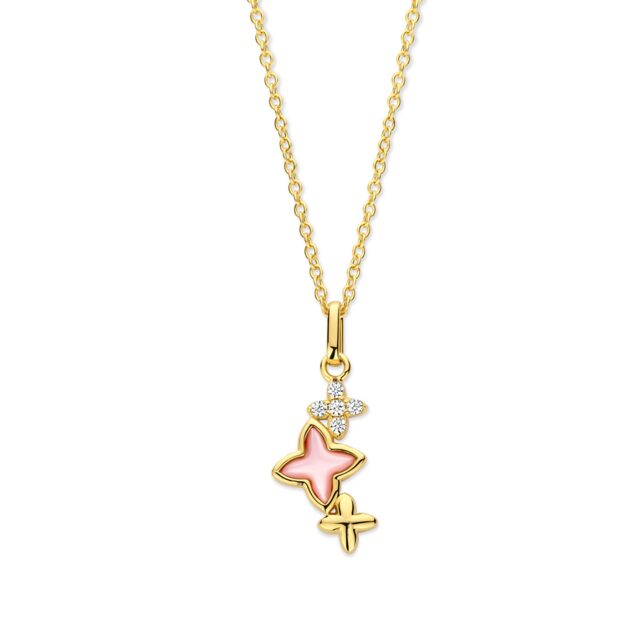 N5G52
Zilveren geel vergulde ketting+hanger sterretjesmotief + MOP/CZ 42+3cm Naiomy