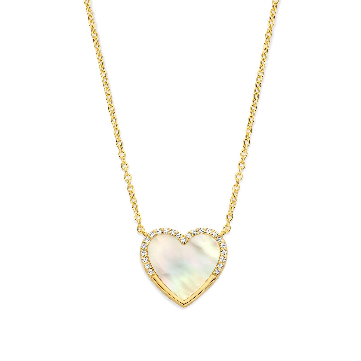 N5I60
Zilveren geel vergulde ketting + hanger hartje MOP + CZ 42+3 cm Naiomy