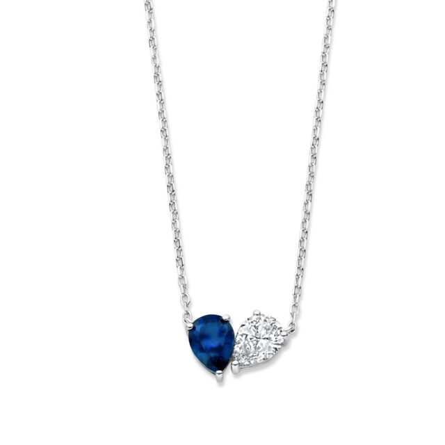 N5L56
Zilveren ketting + peervormige hanger met blauwe steen + CZ 42-45cm Naiomy