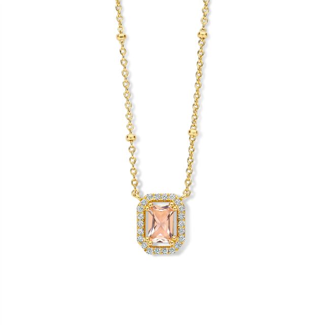 N4W63 Zilver vergulde ketting+hanger met roze steen+witte zirkonia 42-45cm Naiomy