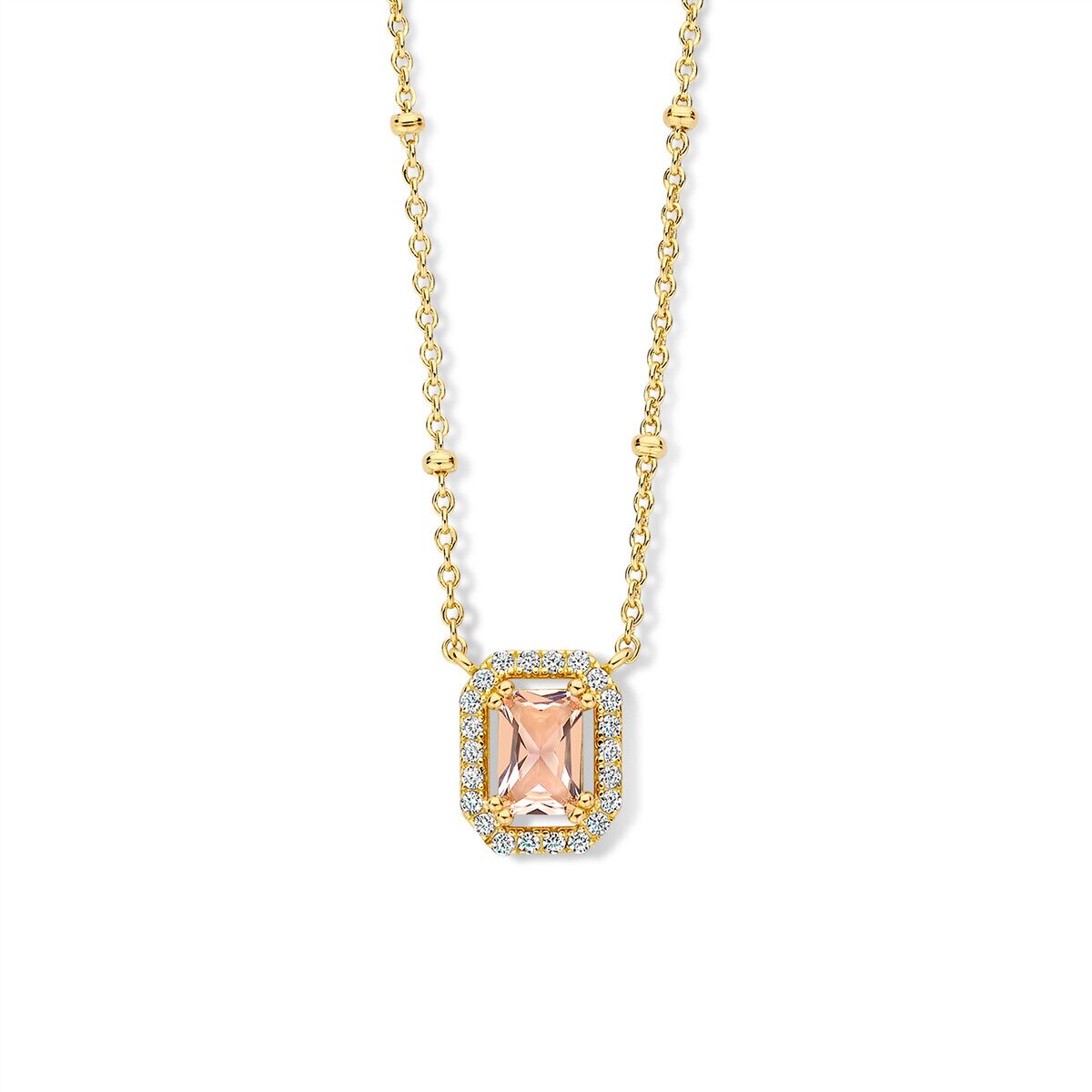 N4W63 Zilver vergulde ketting+hanger met roze steen+witte zirkonia 42-45cm Naiomy