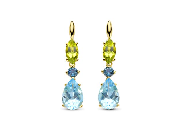 Y2485 Oorringen 18ct geelgoud Topaas london Bleu. topaas skye Blue -Peridot