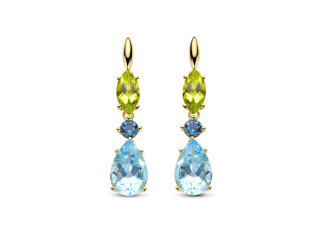 Y2485 Oorringen 18ct geelgoud Topaas london Bleu. topaas skye Blue -Peridot