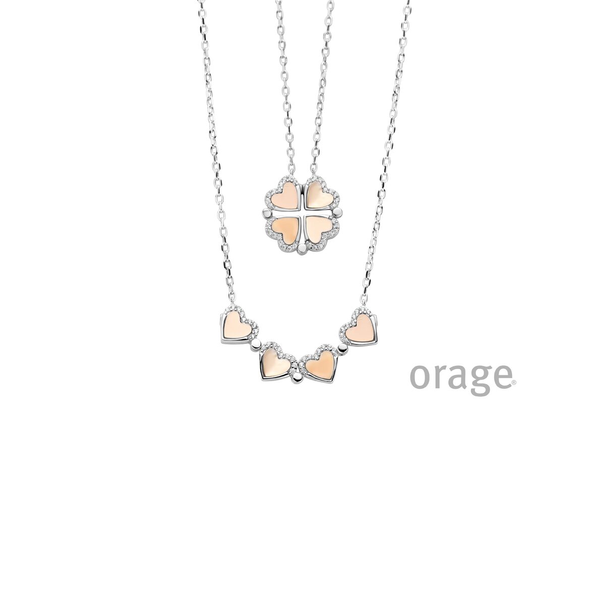 Orage ketting klavertje hart parelmoer zilver