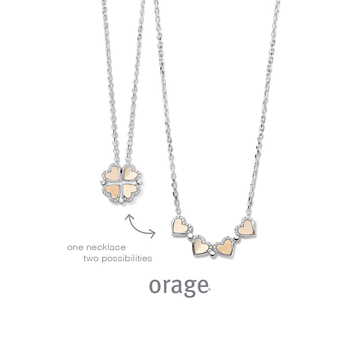 Orage ketting klavertje hart parelmoer zilver