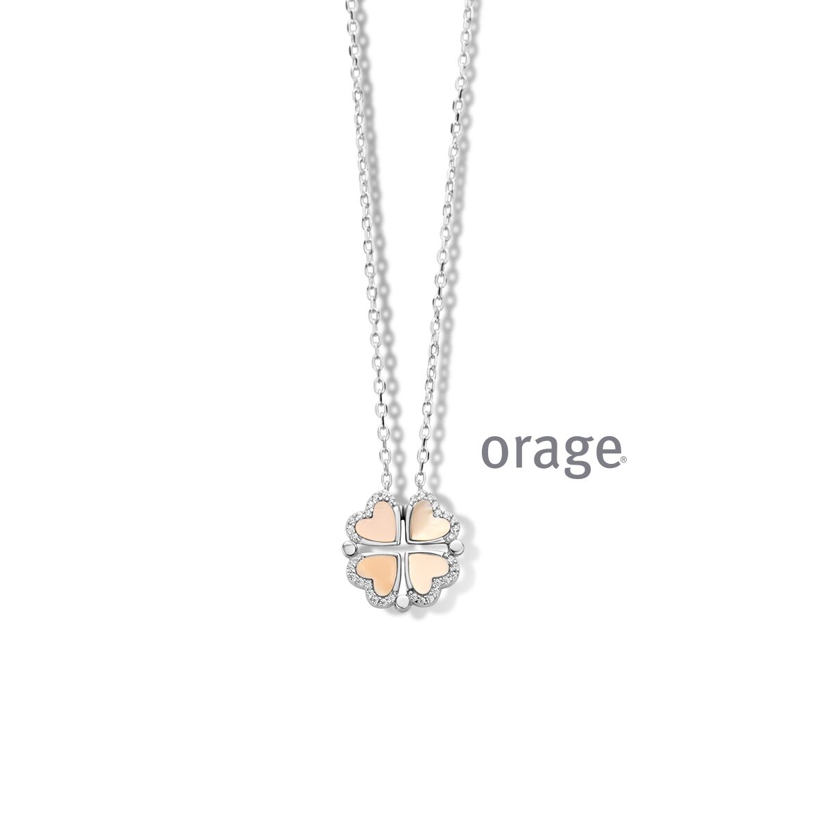 Orage ketting klavertje hart parelmoer zilver