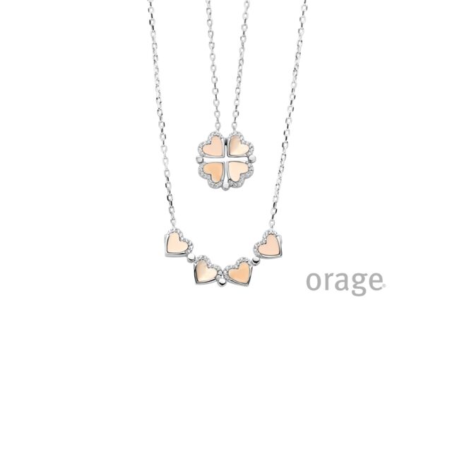 Orage ketting klavertje hart parelmoer zilver