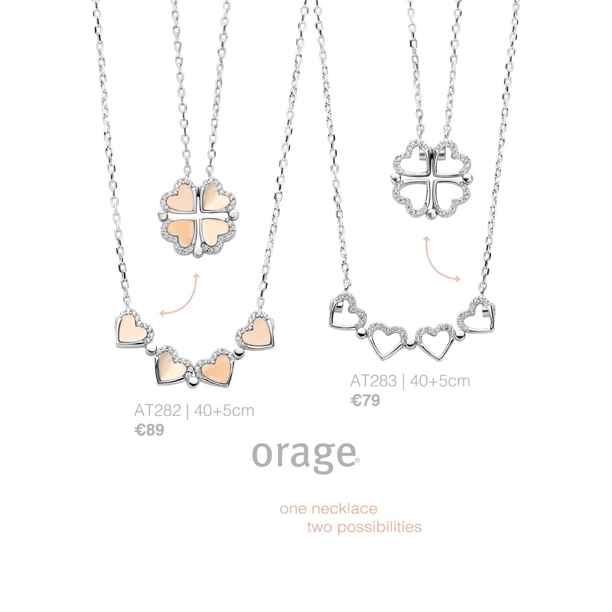 Orage ketting klavertje hart parelmoer zilver
