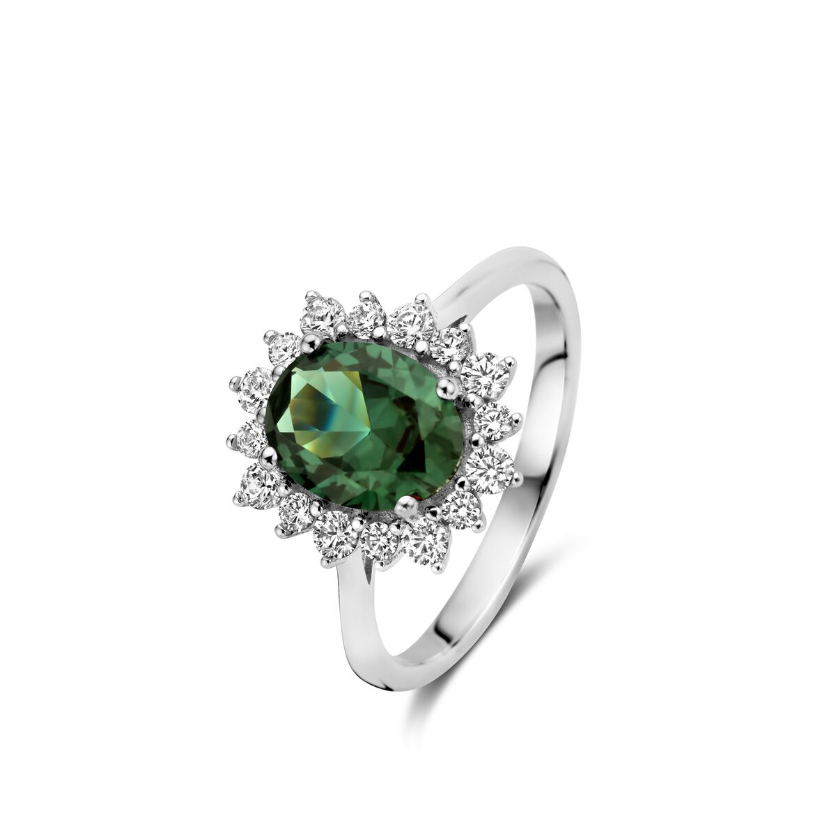 Zilveren ring met groene + witte zirconium Naiomy
 N3U54