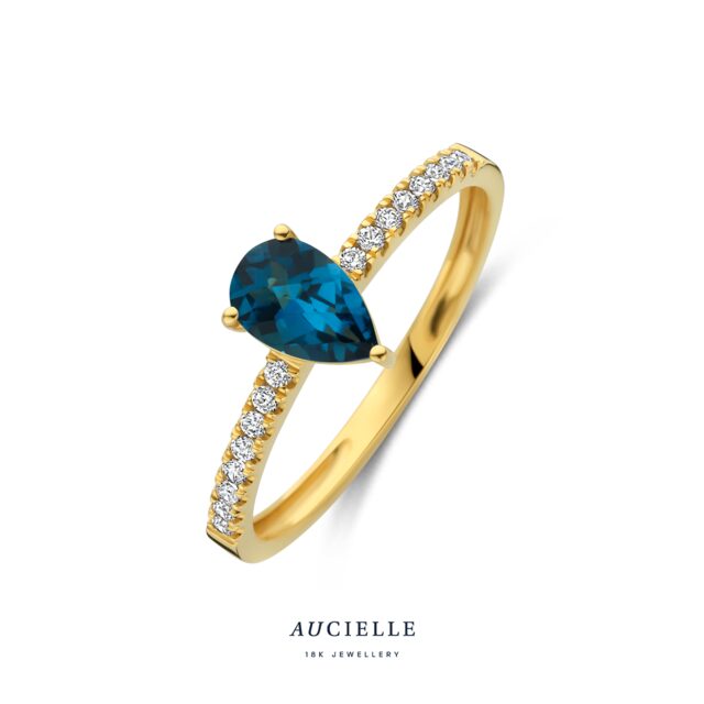 AR0173C  ring geelgoud zirconium met topaas london blue