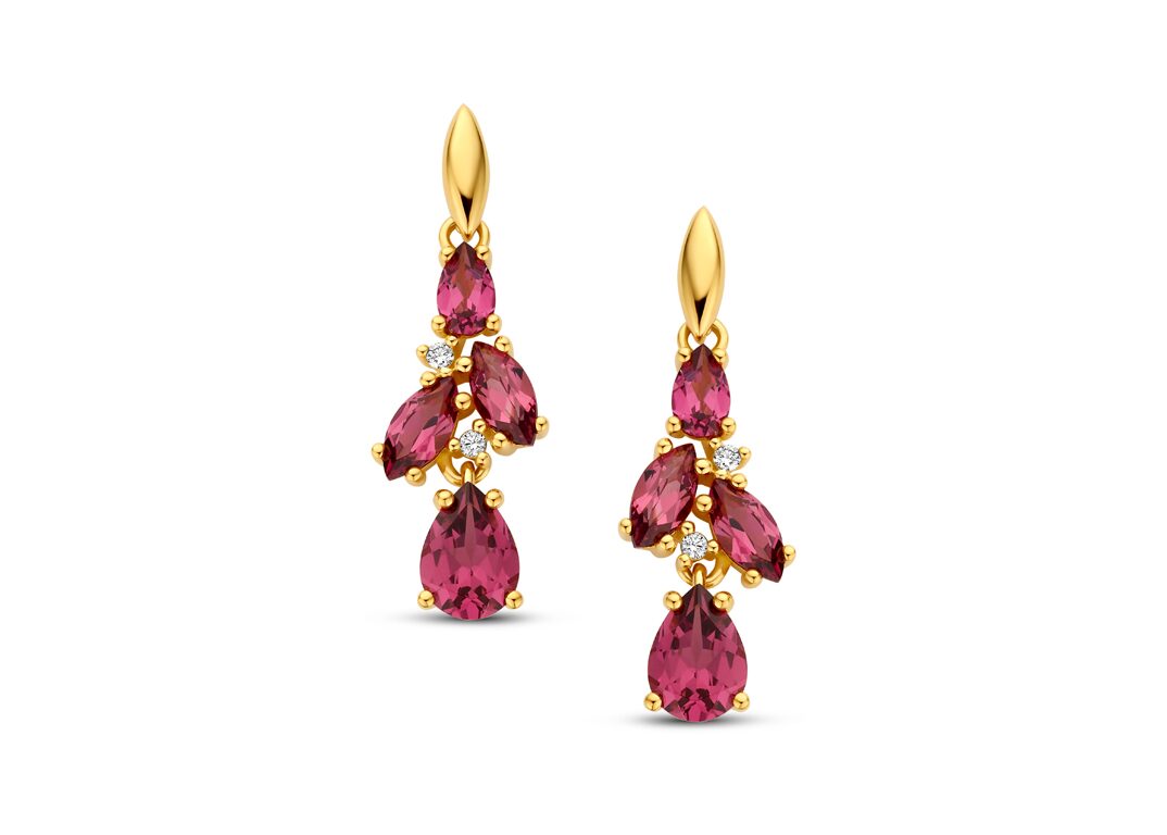 Y2513 You and Me oorbel geelgoud roze rhodolite briljant 0.040ct