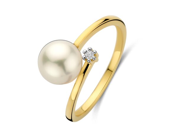 Y2572 parelring 18ct geelgoud briljant 0.020ct
