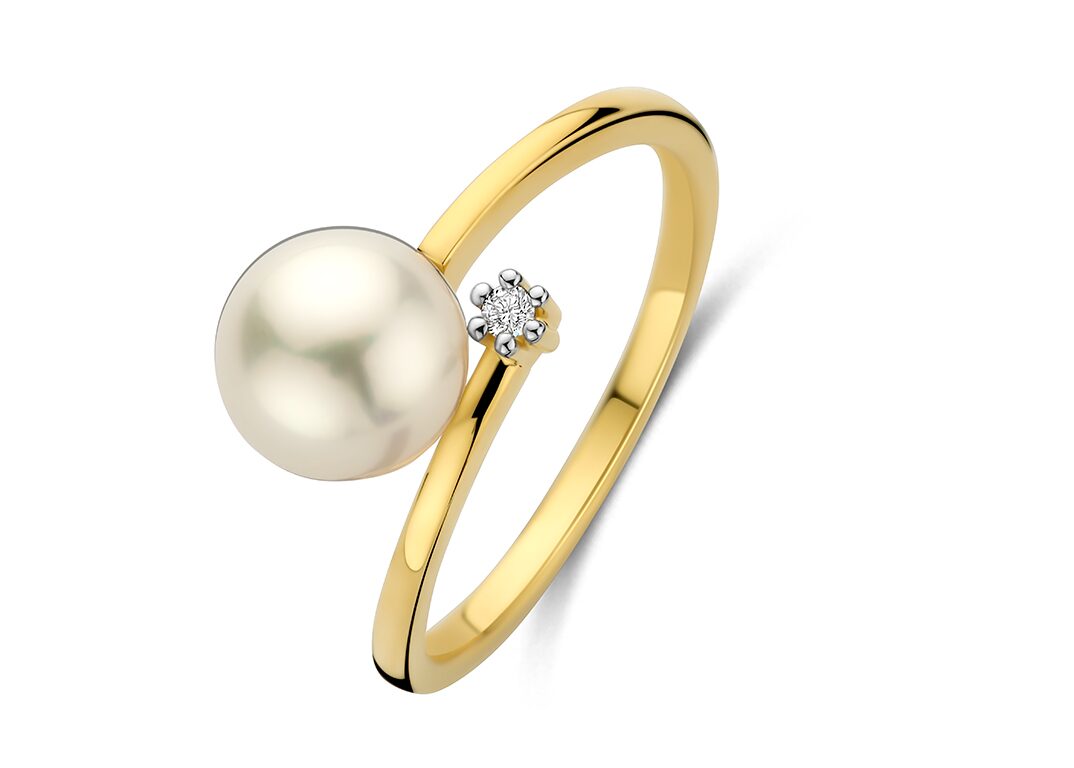Y2572 parelring 18ct geelgoud briljant 0.020ct