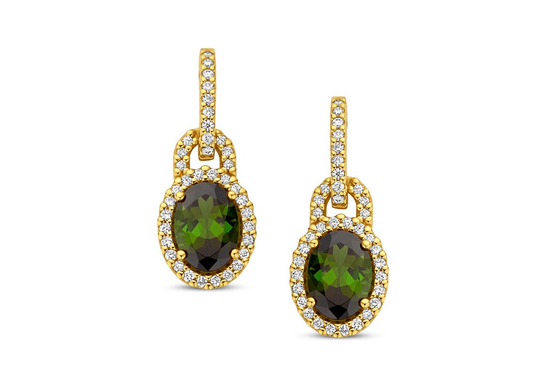 Y2540  oooringen 18ct geel groene tourmalijn briljanten 0.230ct