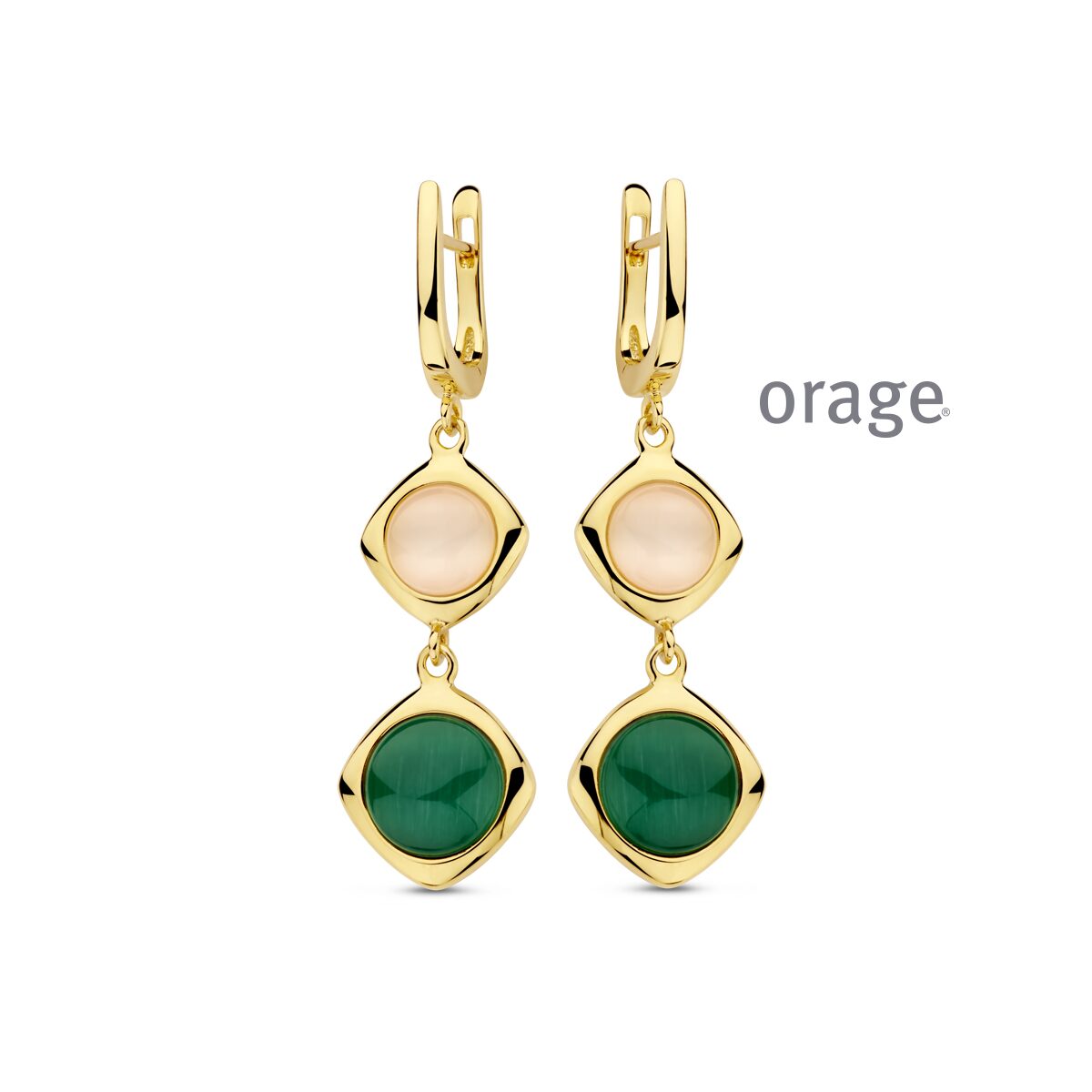 Aw108 Orage oorringen  cat eye groen roze verguld geel