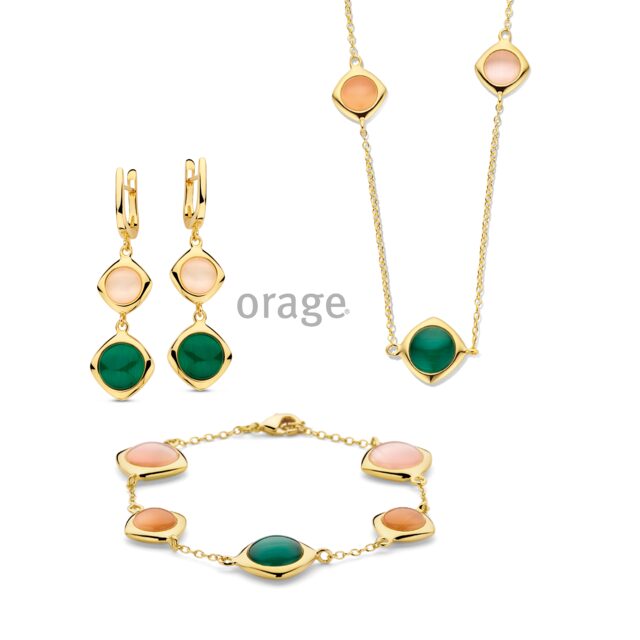 Aw108 Orage oorringen  cat eye groen roze verguld geel