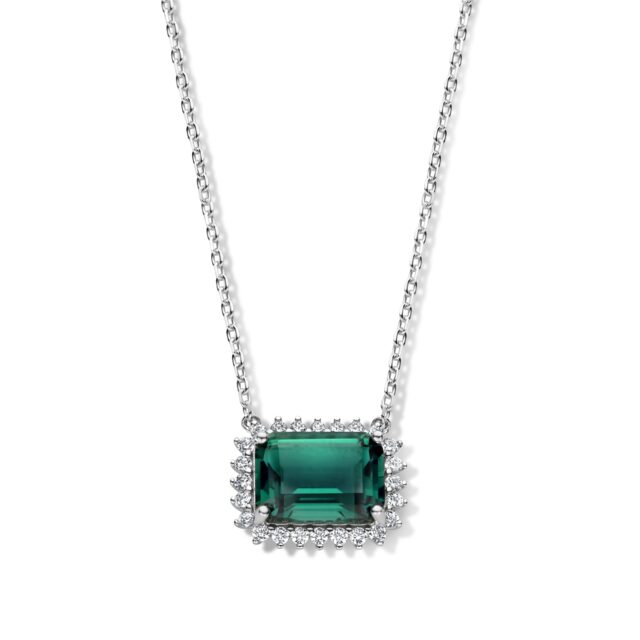 Zilveren ketting + hanger met groene zirconium + witte zirconia 42+3cm Naiomy