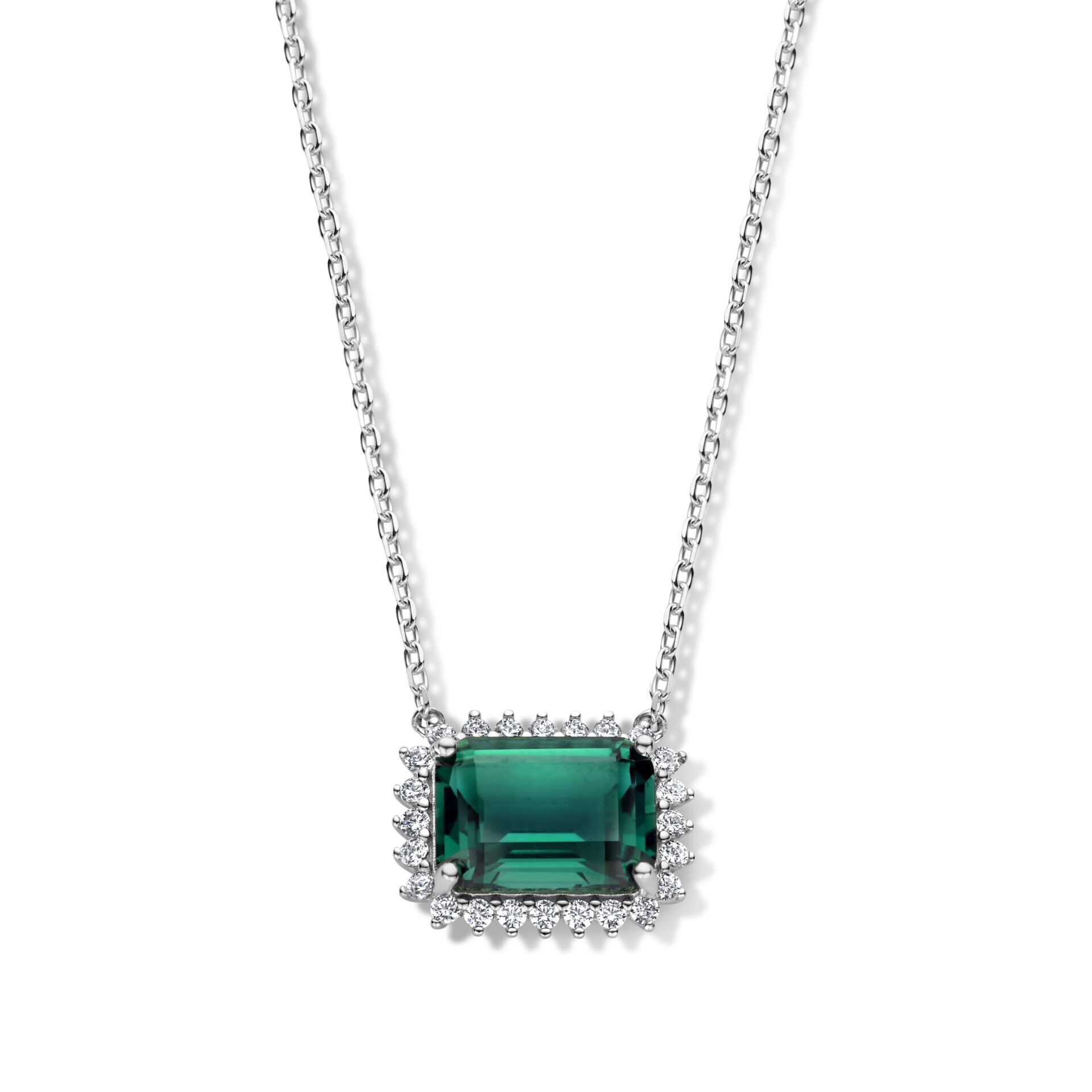 Zilveren ketting + hanger met groene zirconium + witte zirconia 42+3cm Naiomy