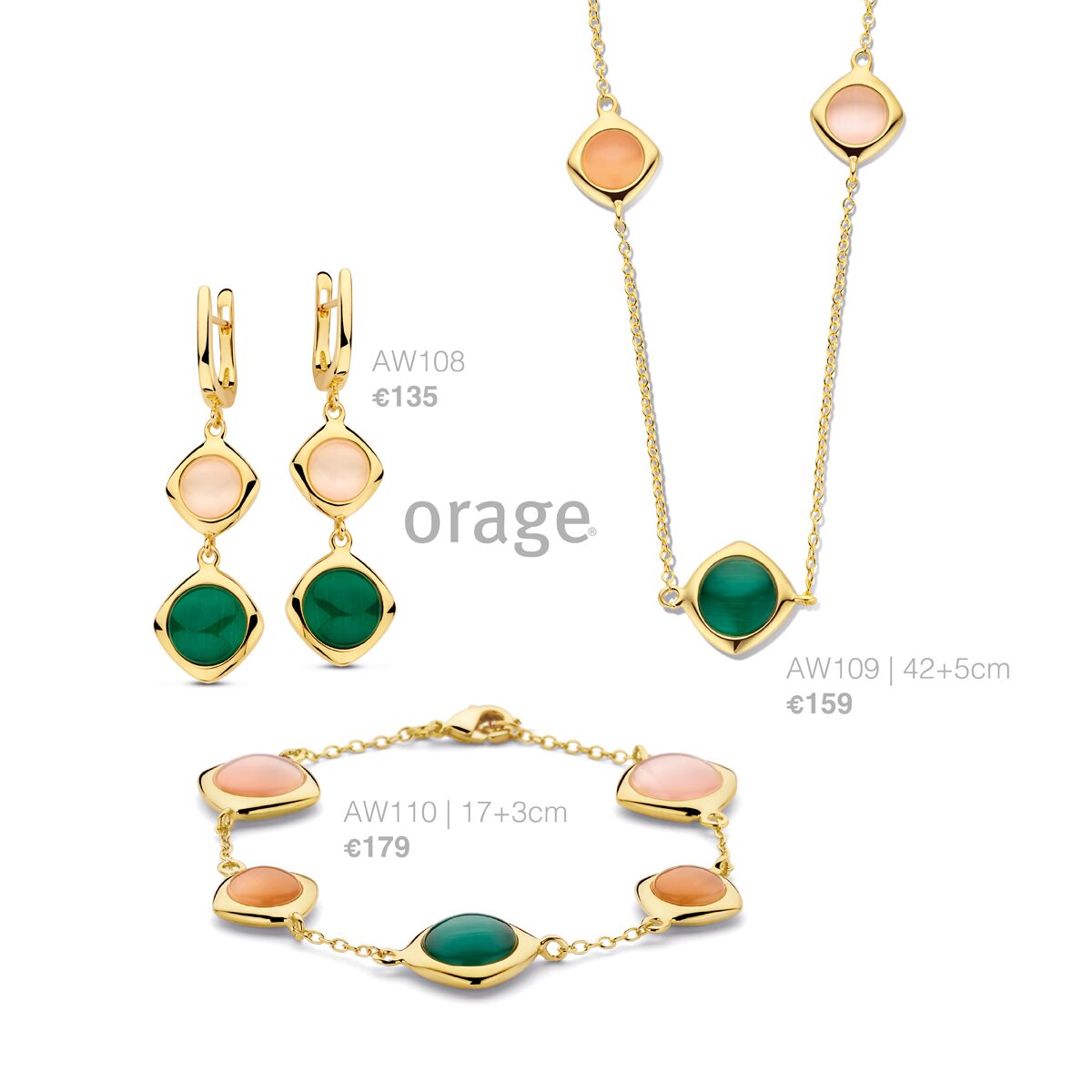 Orage ketting AW109  cat eye groen roze  verguld geel 